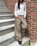 Bifu Embroidery Adjust Balloon Fit Wide Cotton Long Pants