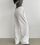 Fluffy Flower Embossed Banding Wide Pants