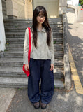 Maroon Side Button Wide Denim Pants
