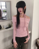 Roan brushed strap slit off-shoulder crop long sleeve T-shirt