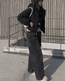 Rising black blue strap wide pants