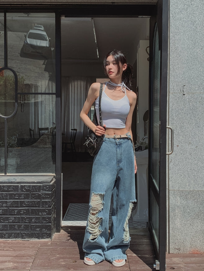 【U LAN】muse wide damage denim pants U LAN (ユーラン) - ミューズワイドダメージデニムパンツ / muse
