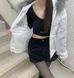 Brushed Two-Way Embroidered Lettering Loose Fit Fur Hood Zip-Up