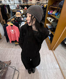 BLACK CURVED COTTON PANTS