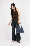 Leather denim shoulder bag