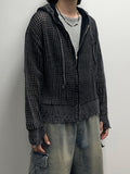 Damage Dying Mesh Hood Knit Zip Up