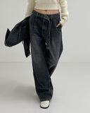 [unisex] Catwashing Belted Pintuck Wide Denim