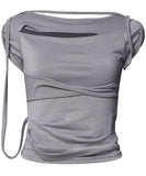 Asymmetrical Draped Strap Roll-Up T-Shirt
