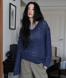 Net openwork v-neck knit