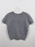 V-neck angora short-sleeved knit
