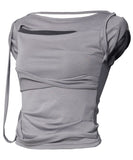 Asymmetrical Draped Strap Roll-Up T-Shirt