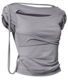 Asymmetrical Draped Strap Roll-Up T-Shirt