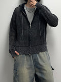 Damage Dying Mesh Hood Knit Zip Up