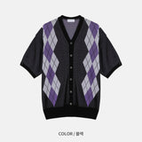 Argyle Pattern Needle Short Sleeve Cardigan