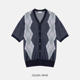 Argyle Pattern Needle Short Sleeve Cardigan