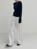 Boat neck pleated long sleeve T-shirt