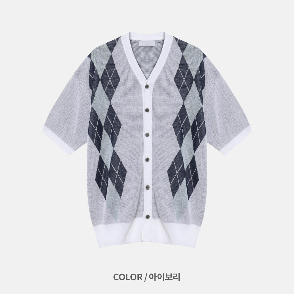 【DISCERNMENT】Argyle Pattern Needle Short Sleeve Cardigan DISCERNMENT (ディーサーメント) - アーガイル柄ニードル半袖