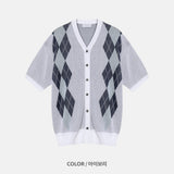 Argyle Pattern Needle Short Sleeve Cardigan