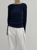 Boat neck pleated long sleeve T-shirt