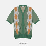 Argyle Pattern Needle Short Sleeve Cardigan