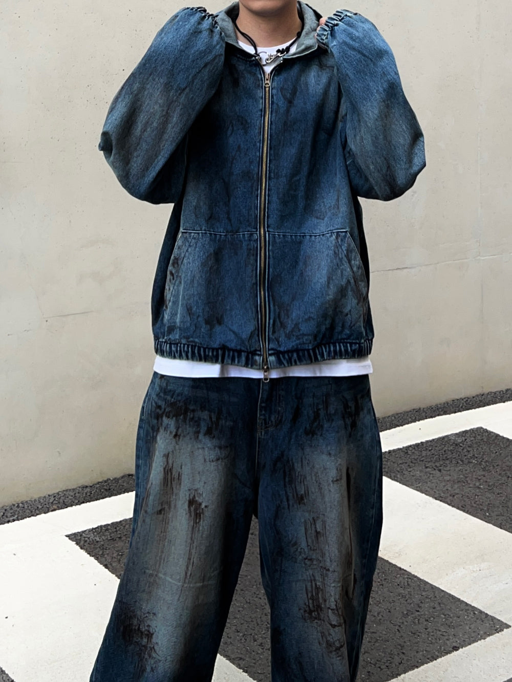 【KOOLOSET】Damage Washing Denim Hood Zip-Up 