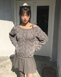 Unz Ribbon String Off-Shoulder Loose Fit Cable Knit