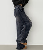 Washing Banding Heated Fabric Brushed Hem Snap Wide Fit Denim Pants XL~