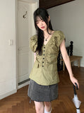 Blon V-Neck Shirring Pleated Puff Short Sleeve Blouse