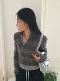 Near angora fur color matching stripe two-way diagonal zipper long sleeve knit