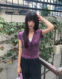 Dyeing V-neck Ribbon See-through Short Sleeve T-shirt