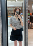 Heden Open Collar Stripe Puff Short Sleeve T-shirt