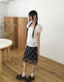 Atin Check Chiffon Lace Ribbon Midi Skirt