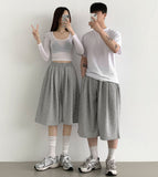 Side Pin Tuck Hip Volume Up Wide Bermuda Knee Length three quarter Banding Pants