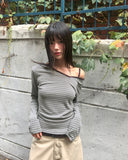 Two-fit Stripe Unbalanced Strap Long Sleeve T-Shirt