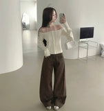 Off-shoulder Ribbed Knit Strap Set Cardigan