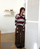[Muffler SET] Phu Stripe Color Matching V-Neck Loose Fit Long Sleeve Long Knit