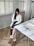 Kimme Collar Fur Ribbon String Long Sleeve Cardigan