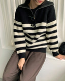 Lovely stripe collar half zip-up knit