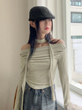 [Scarf set]  Kenin Shirring Pleated Off-Shoulder Crop Long Sleeve T-shirt