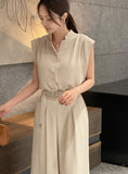 [Two-piece set] Rubia PintuckSleeveless Blouse Belt Wide Pants