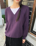 Er Button Layered V-Neck Long Sleeve Long Knit