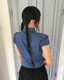 Rehue Check Shirring Banding Puff Short Sleeve Blouse