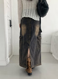 Parform Vintage Washing Long Denim Skirt