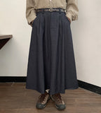 Runke Belt Denim Flare Long Skirt