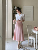 Shawang chiffon color matching shirring short sleeve blouse