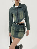 Beto Washing Cut Denim Set Skirt
