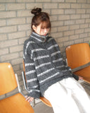 Boyu Stripe Zip-Up Mohair Knit Cardigan