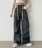 Knee Side Pin Tuck Balloon Waist Adjustment Wide Fit Denim Pants