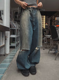 cross damage banding denim pants