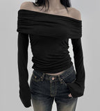 Heaten Shirring Off-Shoulder Tee